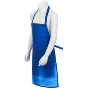 A blue apron displayed on a mannequin, featuring adjustable straps and a front pocket.