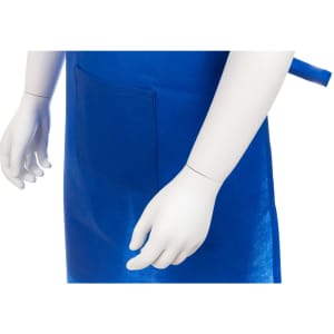 A blue work apron displayed on a mannequin, featuring a front pocket and a tie strap.