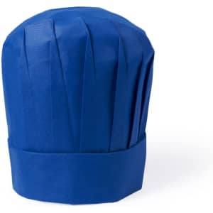 A blue chef's hat with pleats, featuring a folded band at the base and a smooth finish.