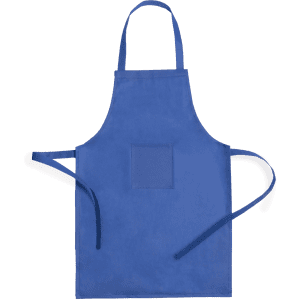 A blue apron with a pocket and adjustable ties, featuring a logo.