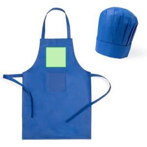 A blue apron with a front pocket and a matching blue chef's hat. The apron features a blank area for customisation.