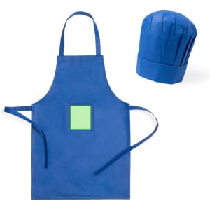 A blue apron with a pocket and a matching blue chef's hat, featuring a logo on the apron.