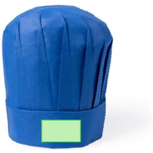 A blue chef's hat featuring a pleated design and a blank area for personalisation.