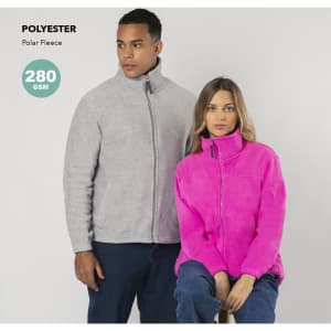 A grey polar fleece jacket worn by a man, and a bright pink polar fleece jacket worn by a woman, both with zippers.
