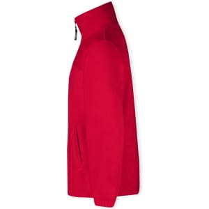 A red polar fleece jacket with a high collar and side pockets. It features a branding logo.