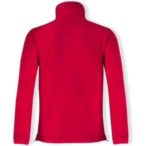 A red polar fleece jacket featuring a high collar and long sleeves, with a logo on the back.