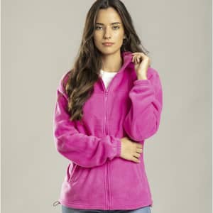 A pink polar fleece jacket with a zip front and a collar, featuring a branded logo.