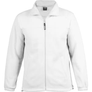 A white polar fleece jacket featuring a zippered front, side pockets, and a logo on the chest area.