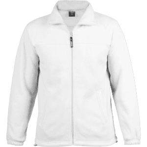 A white polar fleece jacket with a zip front, featuring a collar and side pockets. It has a logo on the chest.