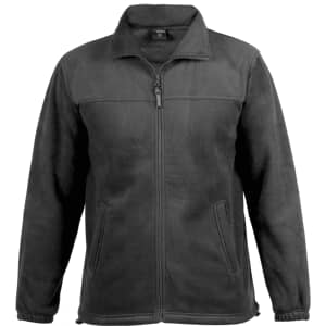 A black polar fleece jacket with a zippered front and side pockets, featuring a branding logo.