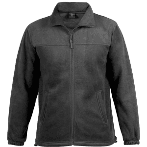 A polar fleece jacket in dark grey with a zip front and two side pockets. It features a logo on the chest.