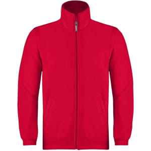 A bright red polar fleece jacket with a zip front and two side pockets. It has a collar and long sleeves.