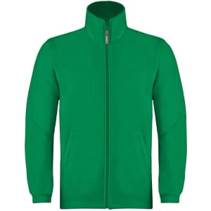 A green polar fleece jacket with a zip front and two side pockets. Features a collar and has a logo.