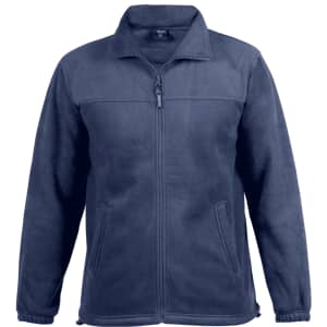 A navy blue polar fleece jacket with a zip front, two side pockets, and a collar. It features a logo on the chest area.