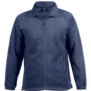 A polar fleece jacket in navy blue with a zip closure and side pockets. Features a logo on the front.