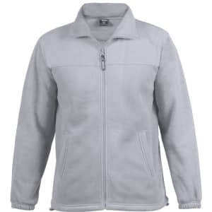 A light grey polar fleece jacket featuring a full zip and two side pockets, with a logo on the chest.