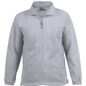 A soft, light grey polar fleece jacket with a front zip, featuring side pockets and a collar. It has a logo on the chest.