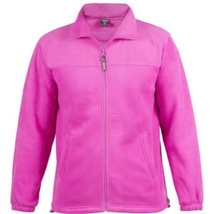 A pink polar fleece jacket with a front zipper and side pockets, featuring a logo on the chest area.