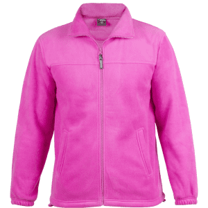 A pink polar fleece jacket with a zip front and side pockets. It features a collar and has a logo.