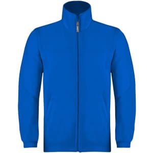 A blue polar fleece jacket with a zip front and side pockets, featuring a collar and a logo.