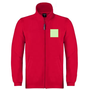 A red polar fleece jacket features a zip closure and side pockets, with a blank area for branding.