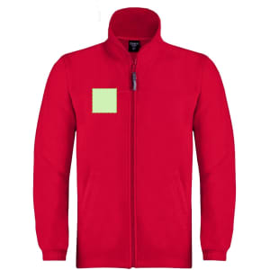 A red polar fleece jacket with a zip front and two side pockets, featuring a logo on the upper left.