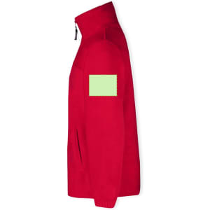 A red polar fleece jacket featuring a zipped front and a patch on the sleeve. It has a logo on the chest area.