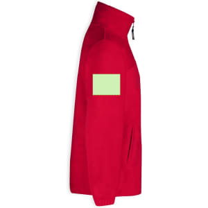 A red polar fleece jacket with a green patch on the sleeve and zippered pockets. It has a branding logo.