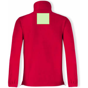 A red polar fleece jacket featuring a high collar and a square patch on the back. It has a logo branding.