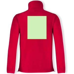 A red polar fleece jacket featuring a blank area on the back for customisation. It has a collar and zippered front.