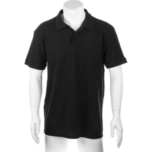 A black polo shirt with short sleeves, featuring a collar and a logo.