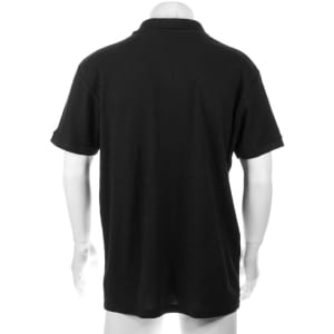 A black polo shirt displayed on a mannequin, featuring a classic design and a logo on the back.