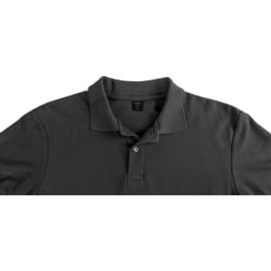A dark grey polo shirt with a collar, featuring two buttons and a logo on the chest.