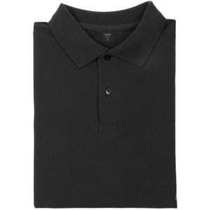 A folded black polo shirt with three buttons and a collar, featuring a logo.