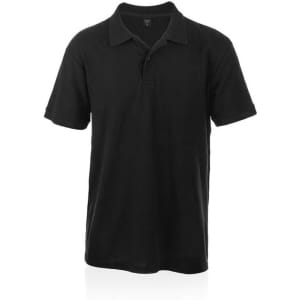 A black polo shirt with a classic collar and short sleeves, featuring a logo.