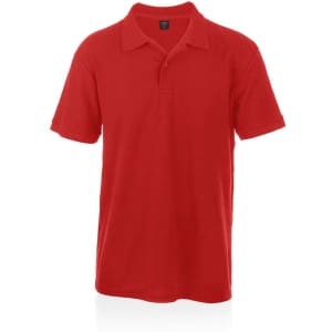 A red polo shirt with a classic collar, short sleeves, and a logo on the chest.