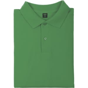 A green polo shirt folded neatly, featuring a collar and three buttons, with a logo on the label.