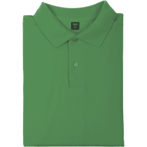 A folded green polo shirt with a collar, featuring three buttons and a logo on the label.