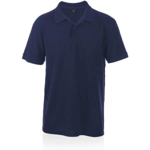 A navy blue polo shirt with a collar and short sleeves, featuring a logo on the chest.