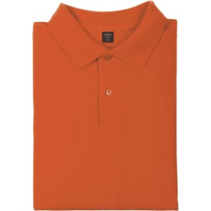An orange Bartel polo shirt neatly folded, featuring a collar and three buttons, with a branding label visible.