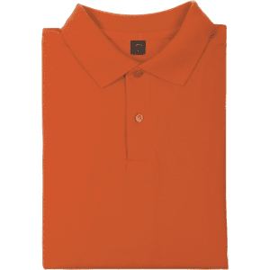 An orange polo shirt neatly folded with a collar and three buttons, featuring a logo.