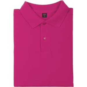 A folded pink polo shirt with a collar and buttons, featuring a small logo on the tag.