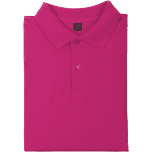 A folded pink polo shirt featuring a collar and three buttons, with a logo on the tag.