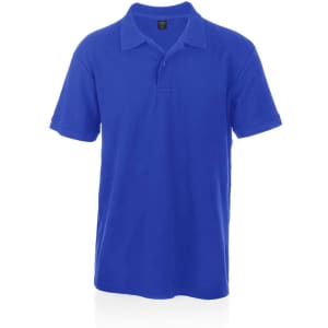 A bright blue polo shirt with a collar and short sleeves, featuring a logo on the chest.