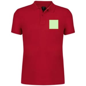 A red polo shirt featuring a patch area on the left chest for customisation. The shirt also has a logo.