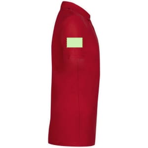 A red polo shirt featuring a solid design and a logo on the sleeve.