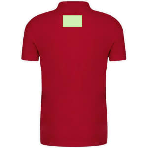 A red polo shirt with a collar and a logo. The back has a blank patch for branding or labels.