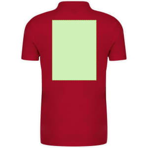 A red polo shirt with a plain green rectangle on the back and a logo on the chest.