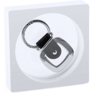 A silver keychain with a square ring attachment on a plain white background.