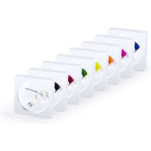 A range of white Kibal Pouches in multiple colours holds various cables and earbuds, featuring a small logo on each.